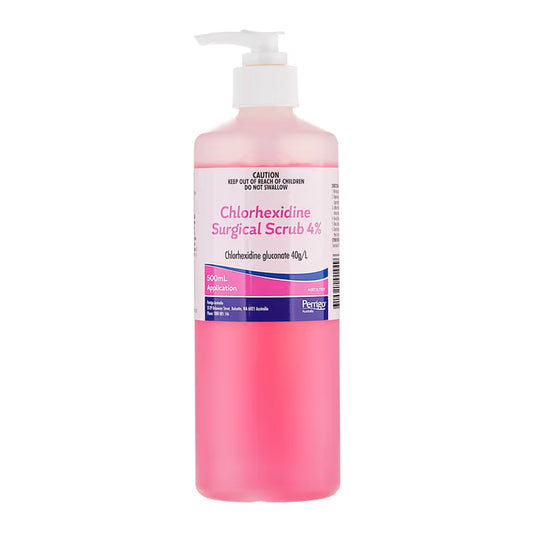 Pink bottle of Chlorhexidine Surgical Scrub with a pump on a white background