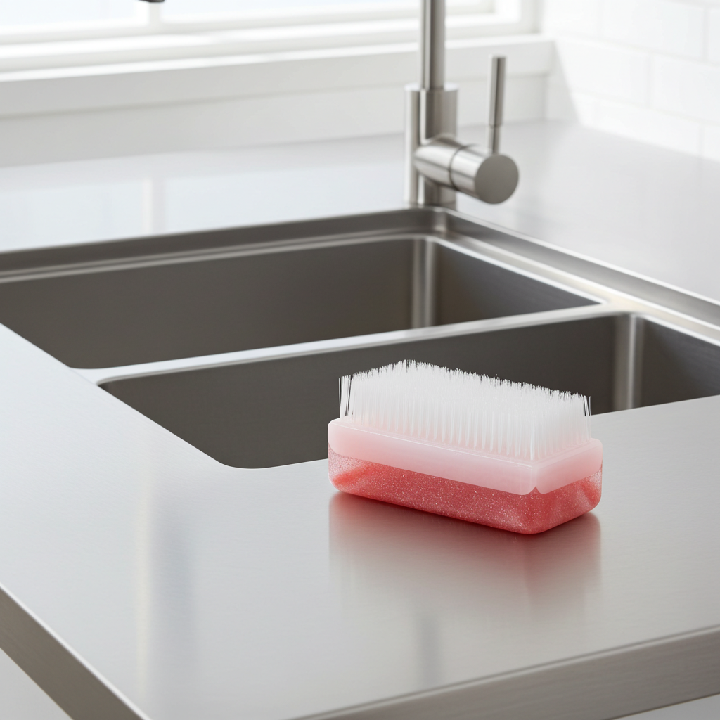 Knight Benedict Chlorheidine Scrub Brush wth Nail Cleaner on a stainless steel sink