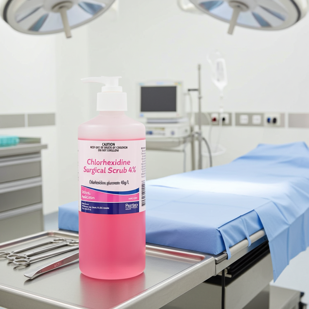 Bottle of chlorhexidine surgical scrub on a hospital table with medical equipment in the background