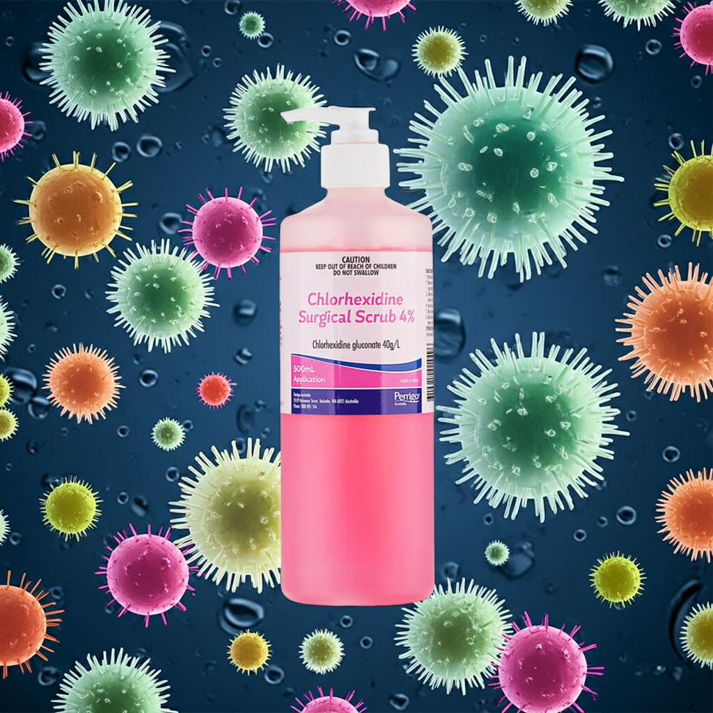 Pink bottle of Chlorhexidine Surgical Scrub 4% surrounded by colorful virus illustrations on a blue background