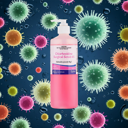 Pink bottle of Chlorhexidine Surgical Scrub 4% surrounded by colorful virus illustrations on a blue background