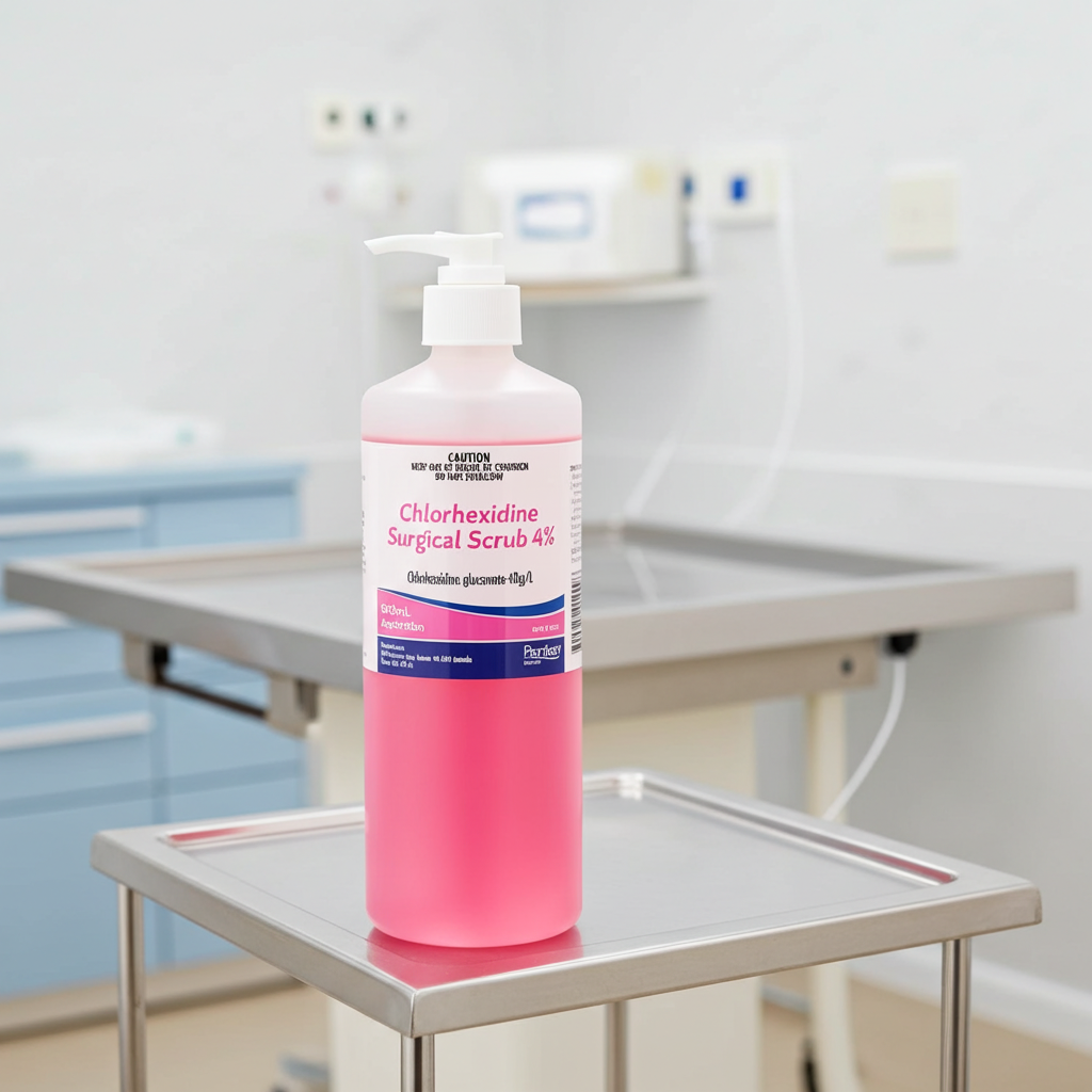Bottle of Chlorhexidine Surgical Scrub on a metal table with a clinical background