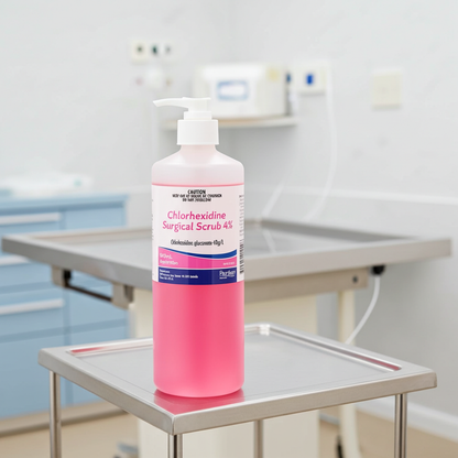 Bottle of Chlorhexidine Surgical Scrub on a metal table with a clinical background