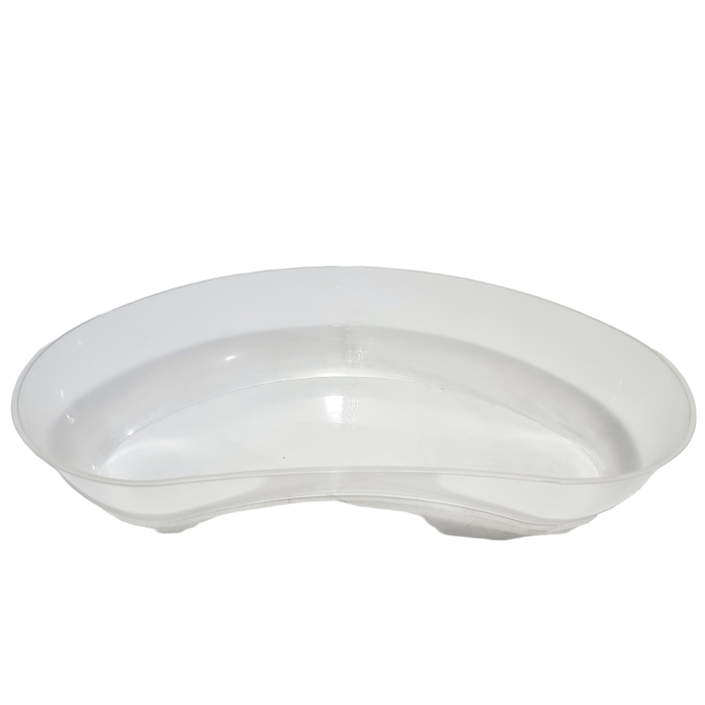 A clear plastic kidney dish with volume markings.