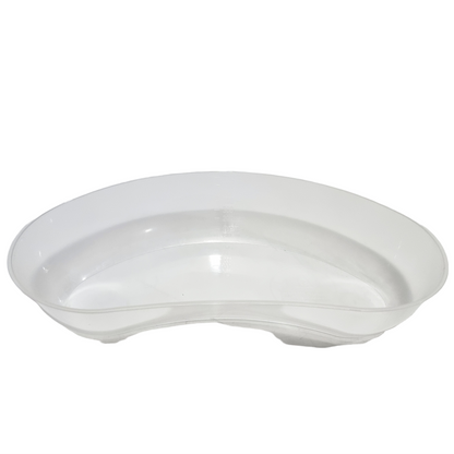 A clear plastic kidney dish with volume markings.