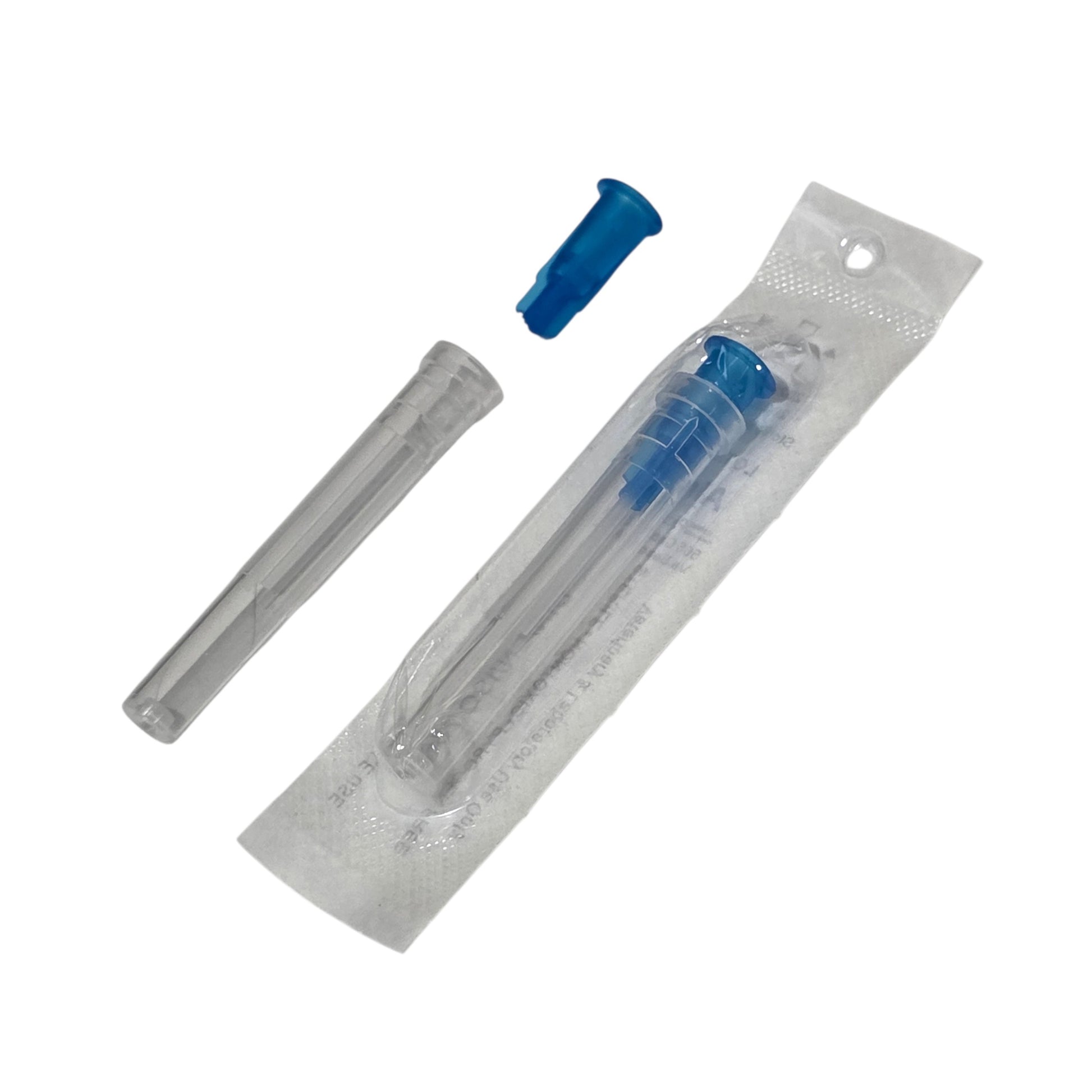 Close Up of Sterile Sringe cap in packaging and out of packaging on a white background