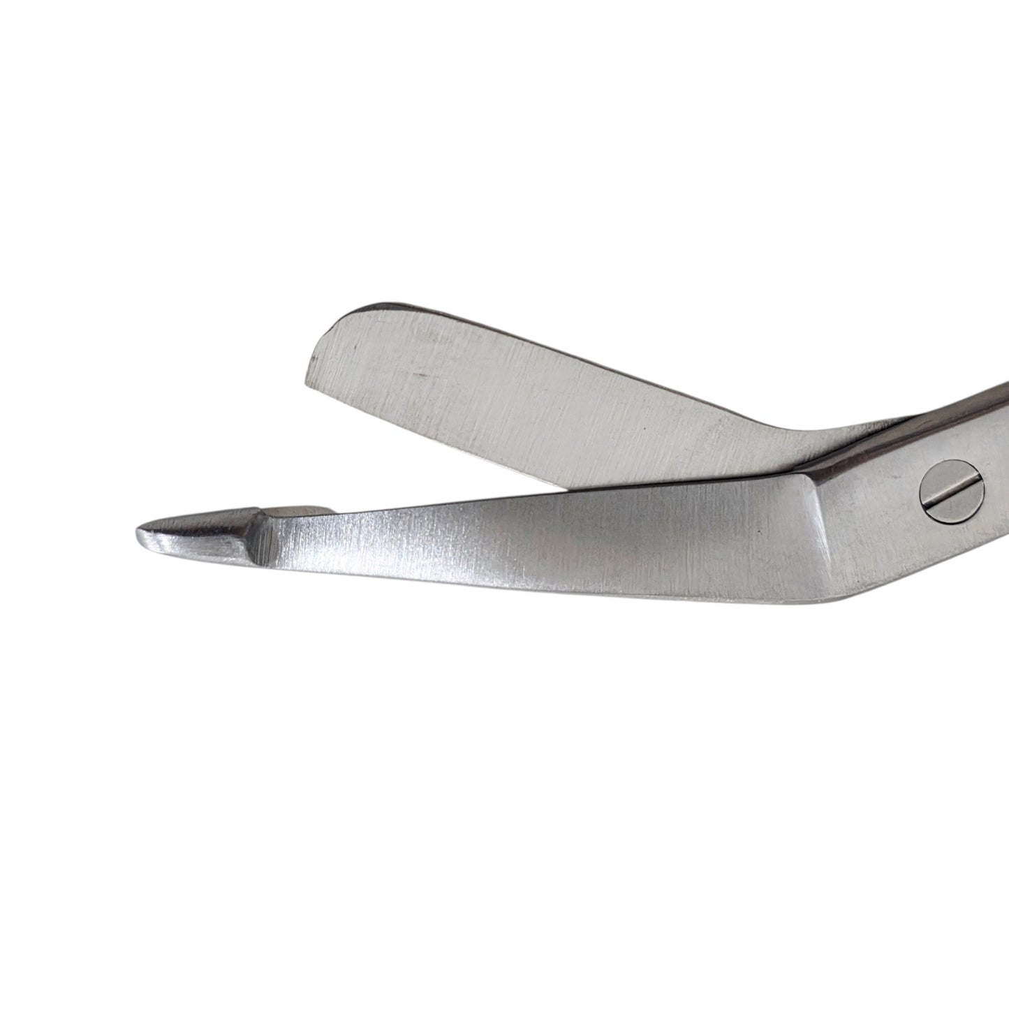Close up of a bandage scissor tip on a white background 