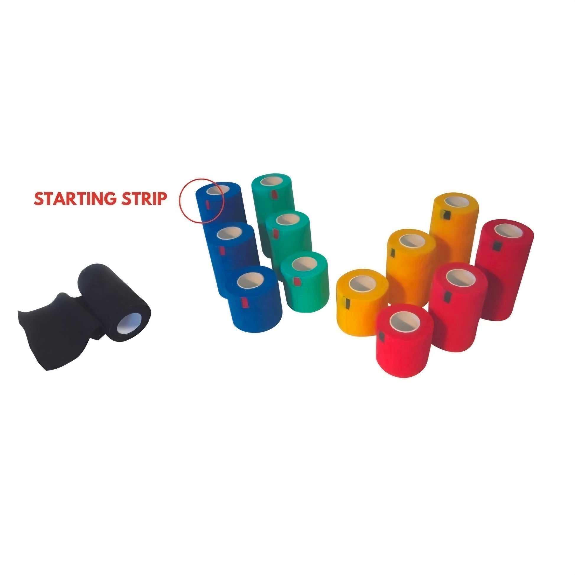 Cohesive bandages in varous colours and sizes on a white background