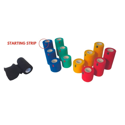 Cohesive bandages in varous colours and sizes on a white background