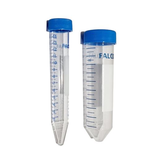 Two clear centrifuge semen collection vials with blue caps and measurement markings, labeled 'FALCON'.