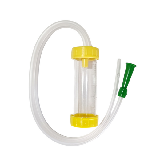 A DeLee Mucus Extractor Suction Device, featuring a clear plastic tube with a yellow end cap and a green mouthpiece.