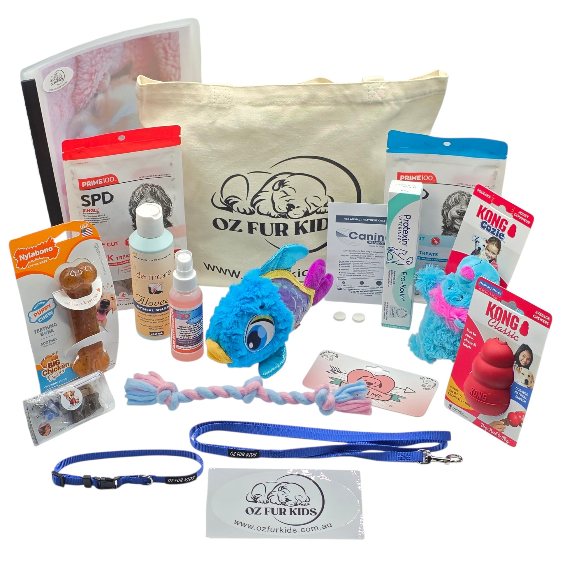 Deluxe Puppy Pack Med/Lg Navy. Collection of pet care products and toys with 'Oz Fur Kids' branding on a white background.