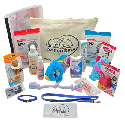 Deluxe Puppy Pack Sm/Med Navy. Collection of pet care products and toys with Oz Fur Kids branding on a white background