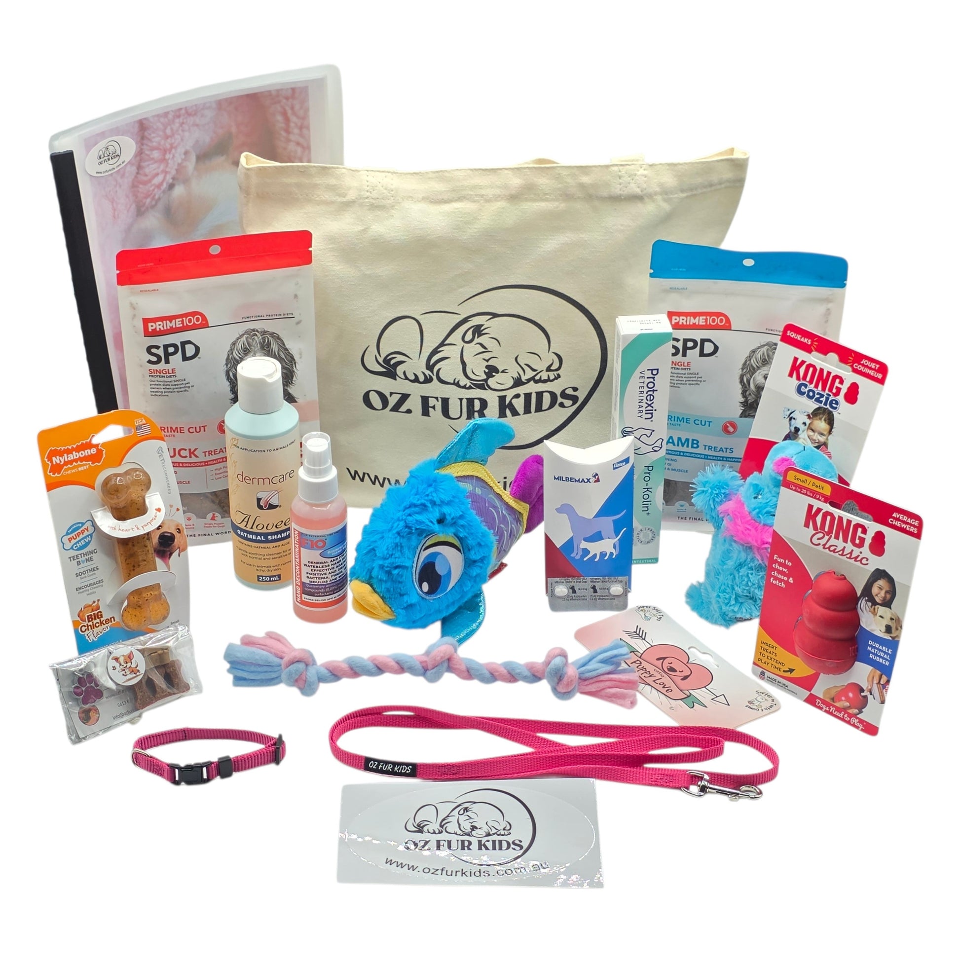 Deluxe Puppy Pack Sm/Med Pink. Collection of pet products including toys, treats, and accessories with 'Oz Fur Kids' branding on a white background.