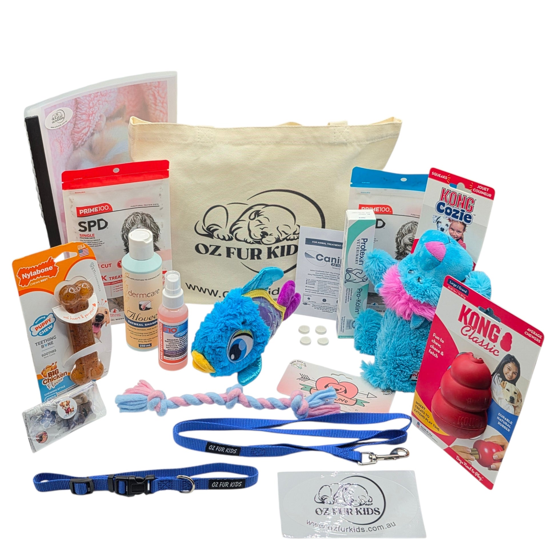 Deluxe Puppy Pack with Assorted pet products including toys, treats, and wormers displayed on a white background.