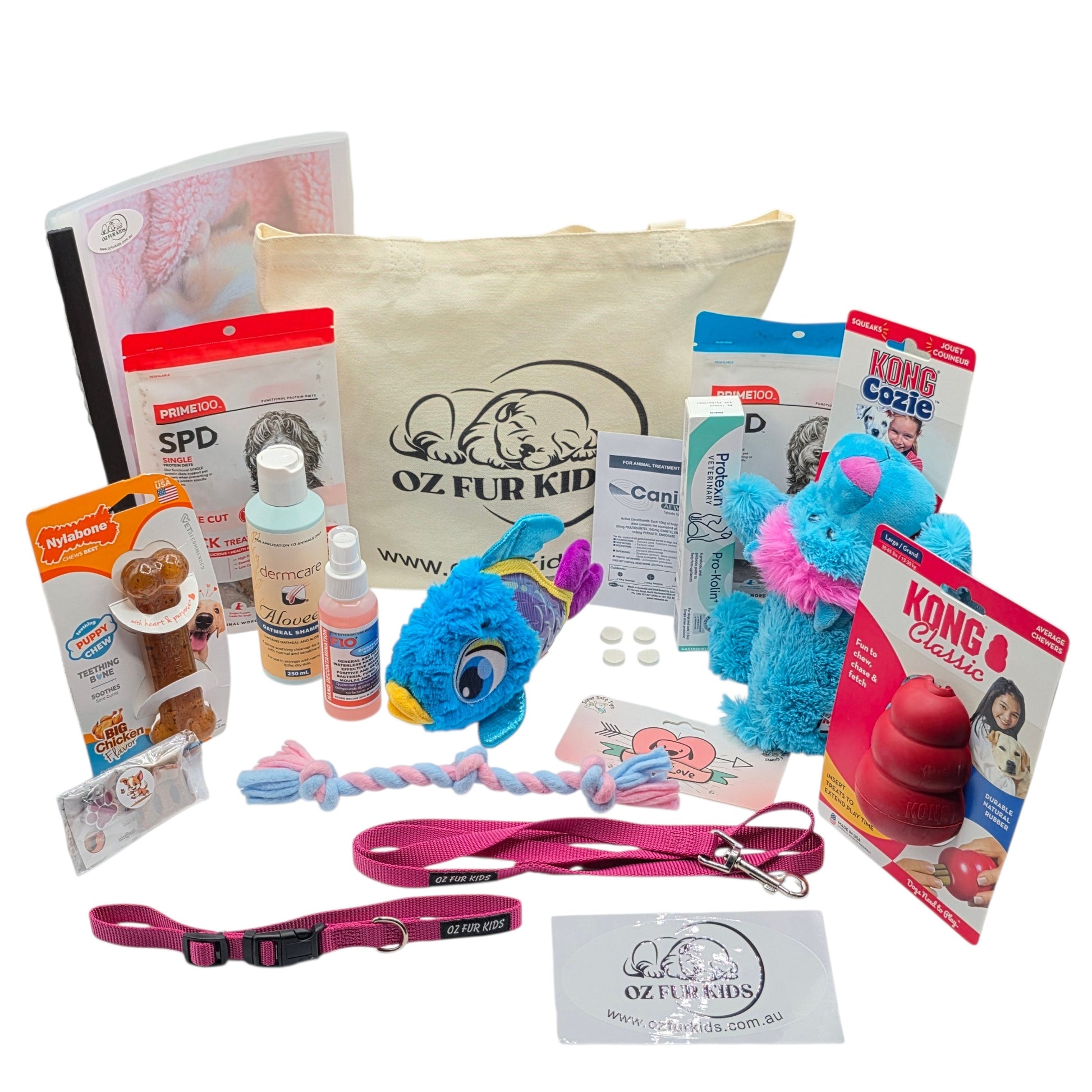 Deluxe Puppy Pack XL Pink with Assorted pet products including toys, leashes, and treats with visible branding on a white background.