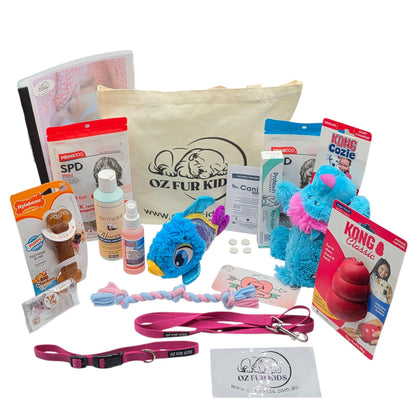 Deluxe Puppy Pack XL Pink with Assorted pet products including toys, leashes, and treats with visible branding on a white background.