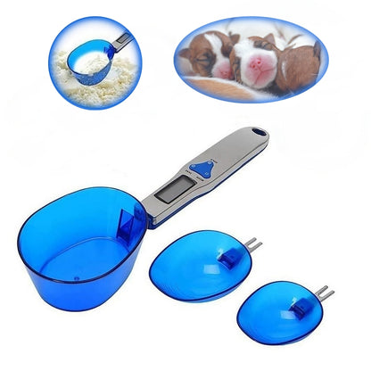 Blue digital spoon scale with detachable measuring cups on a white background