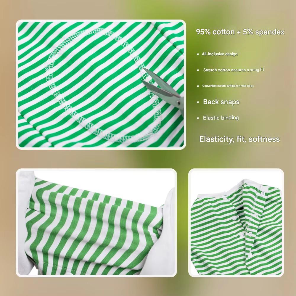 Green and white striped recovery suit with text on a beige background