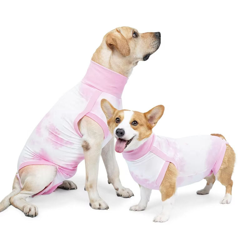 Two dogs wearing pink tie-dye and white surgical recovery suits on a white background.