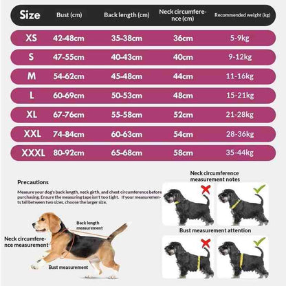 A size chart and measurement guide for a dog Surgical Recovery Suit Contoured Fit, showing size tables from XS to XXXL with bust, back length, neck circumference, and recommended weight in kg. The chart includes a small dog wearing the harness and measurement tips with illustrated dogs.