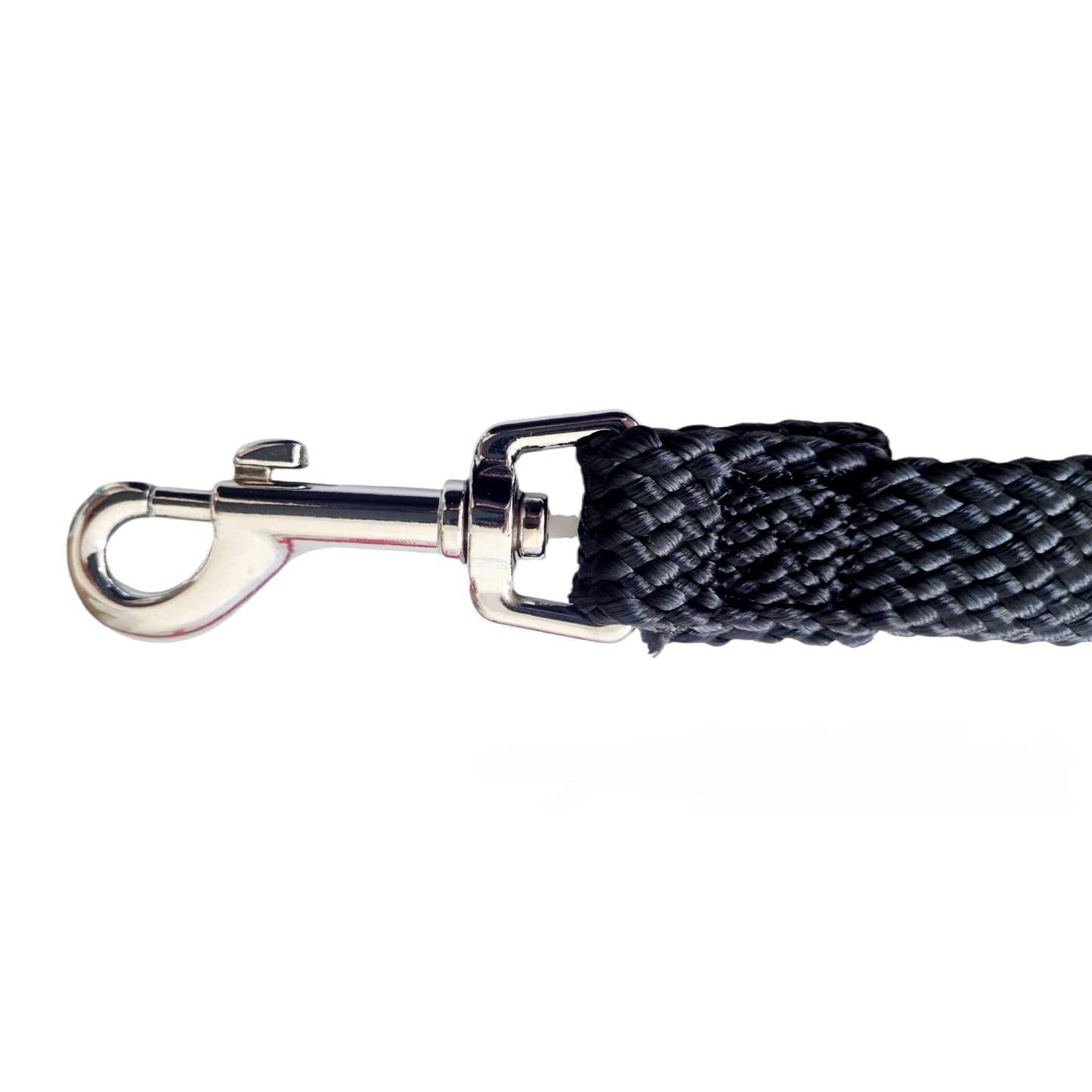 Black Beau Pets Double Nylon 60 leash with a silver metal clip on a white background
