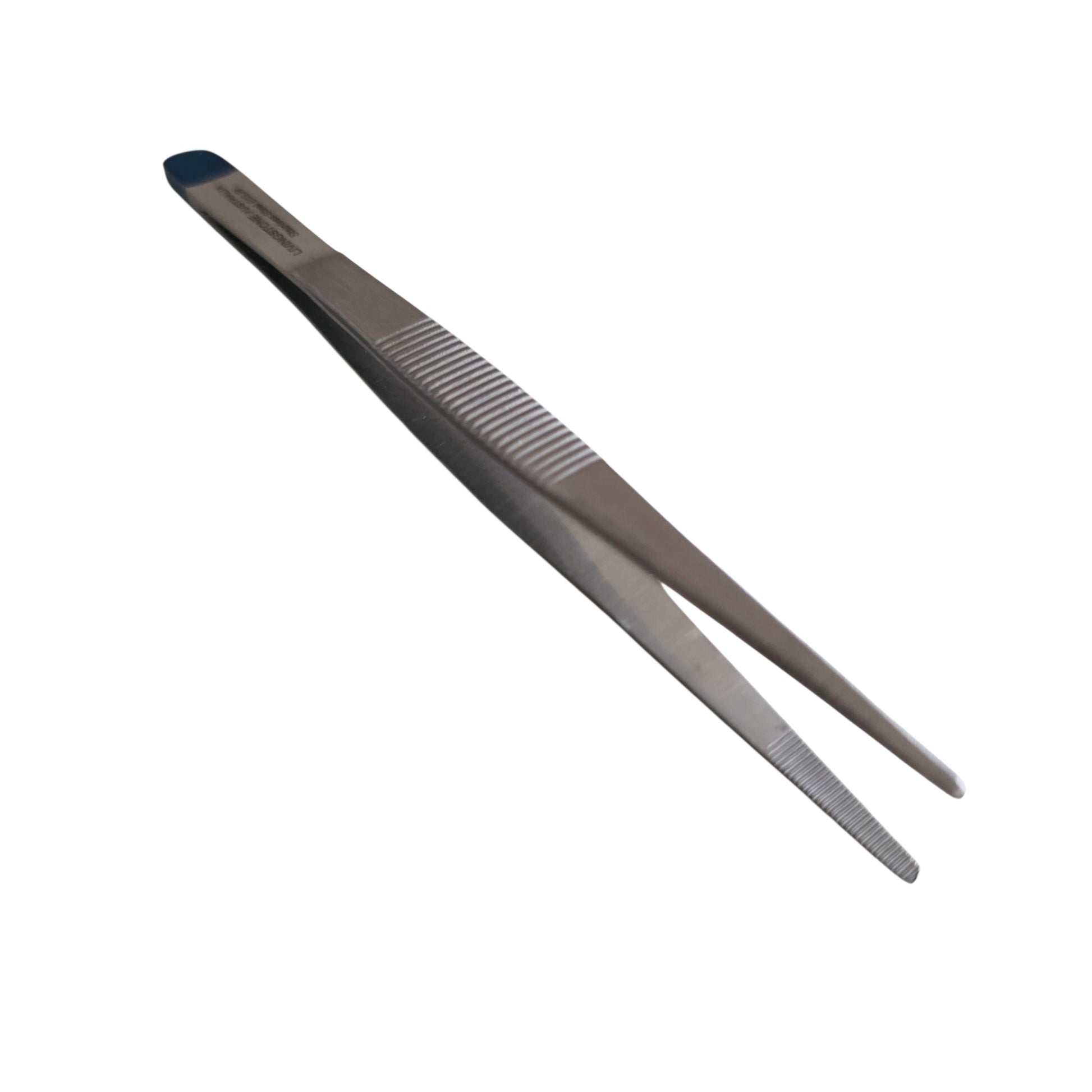 Pair of stainless steel dressing forceps tweezers on a white background