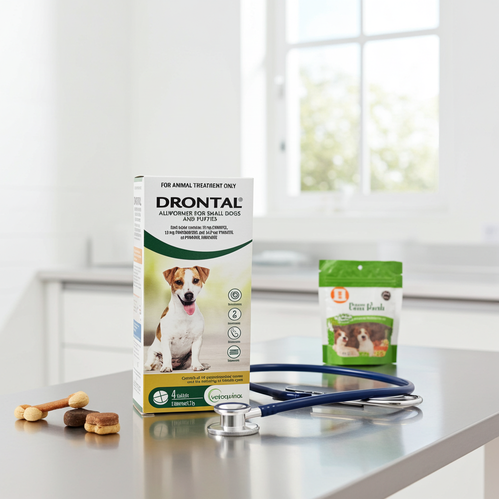 Drontal allwormer product packaging for small dogs and puppies on a vets exmination table with a stethoscope and treats.