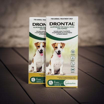 Two boxes of Drontal Allwormer for small dogs and puppies on a wooden surface.