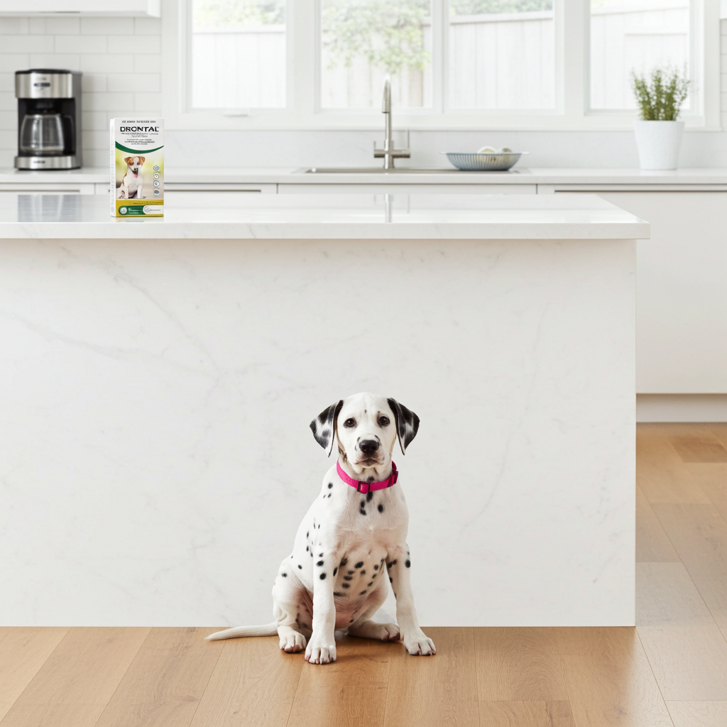 Dalmation puppy sitting on a wooden floor in a kitchen with a white countertop with drontal allwormer on it.