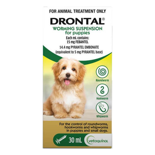 Front of a Drontal Worming Suspension for Puppies box, showing a small fluffy light-brown dog photo, product text, and Vetquinal logo on a white background.