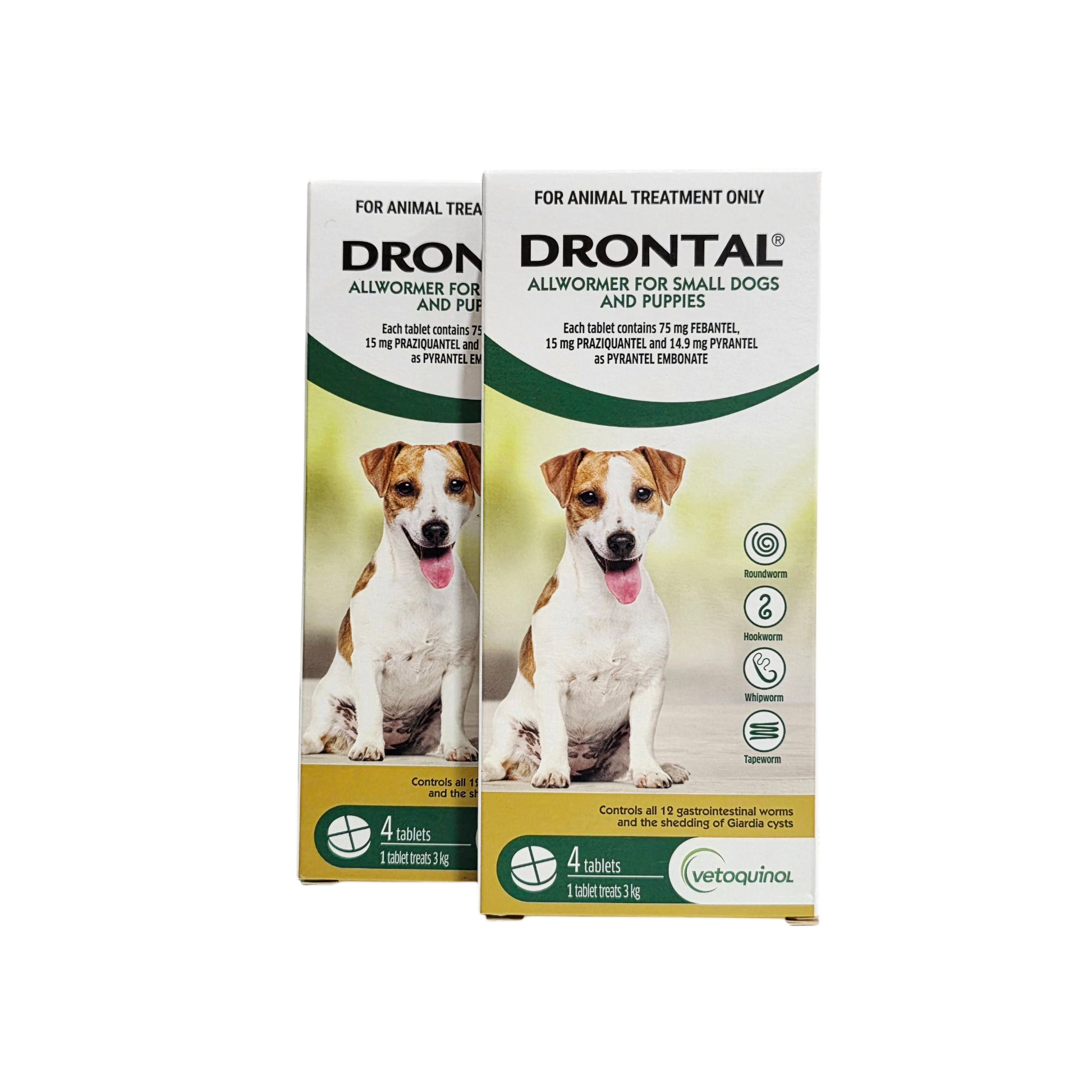 Two packets of Drontal Allwormer for Small Dogs and Puppies on a white background