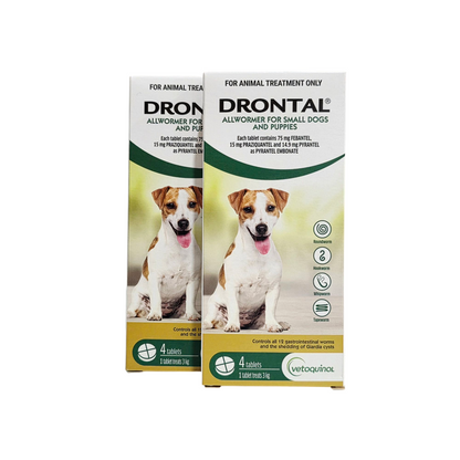 Two packets of Drontal Allwormer for Small Dogs and Puppies on a white background
