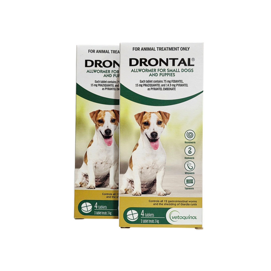 Two packets of Drontal Allwormer for Small Dogs and Puppies on a white background