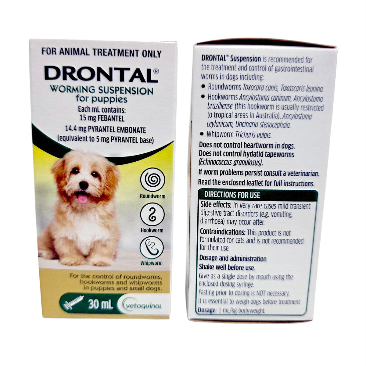 Drontal Puppy Worming Suspension 30mL box showing the front of the box, directions for use, dosage, and APVMA approval details 