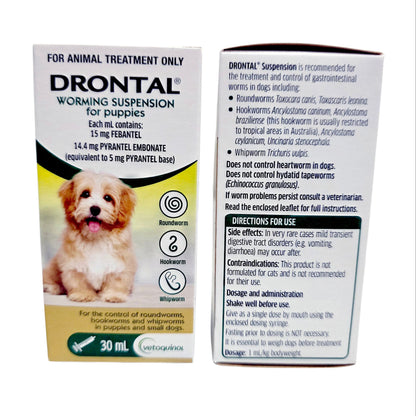 Drontal Puppy Worming Suspension 30mL box showing the front of the box, directions for use, dosage, and APVMA approval details 