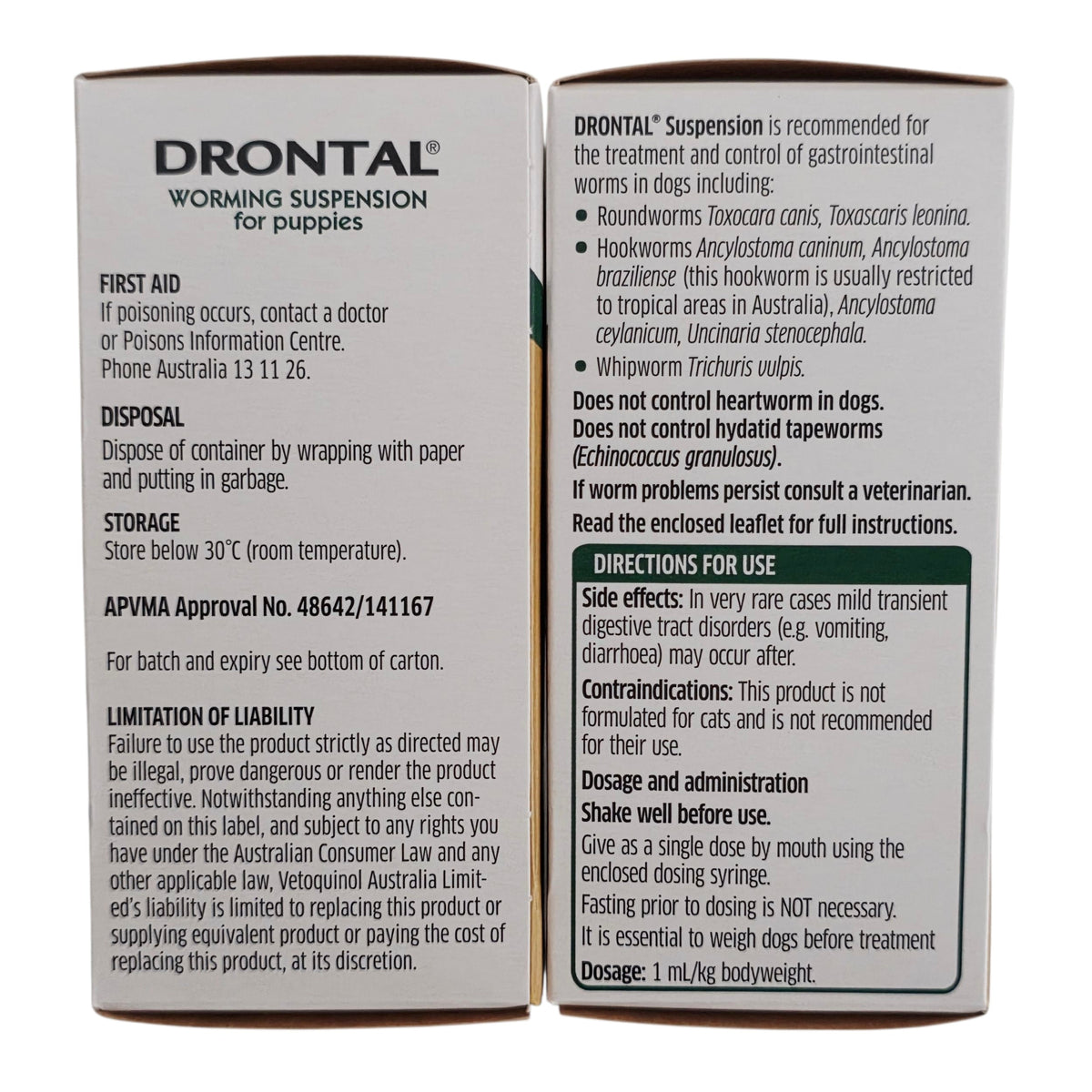 Drontal Puppy Worming Suspension 30mL box showing directions for use, dosage, and APVMA approval details