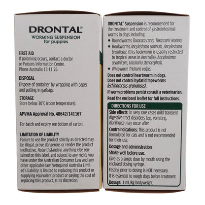 Drontal Puppy Worming Suspension 30mL box showing directions for use, dosage, and APVMA approval details