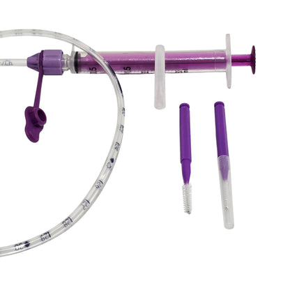 ENfit Cleaning Brush Single Use with Syringe and Feeding Tube on a white background