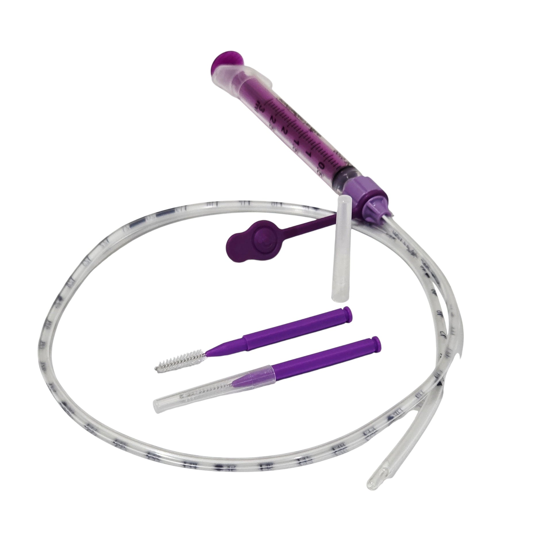ENfit Cleaning Brushs Single Use with Syringe and Feeding Tube on a white background