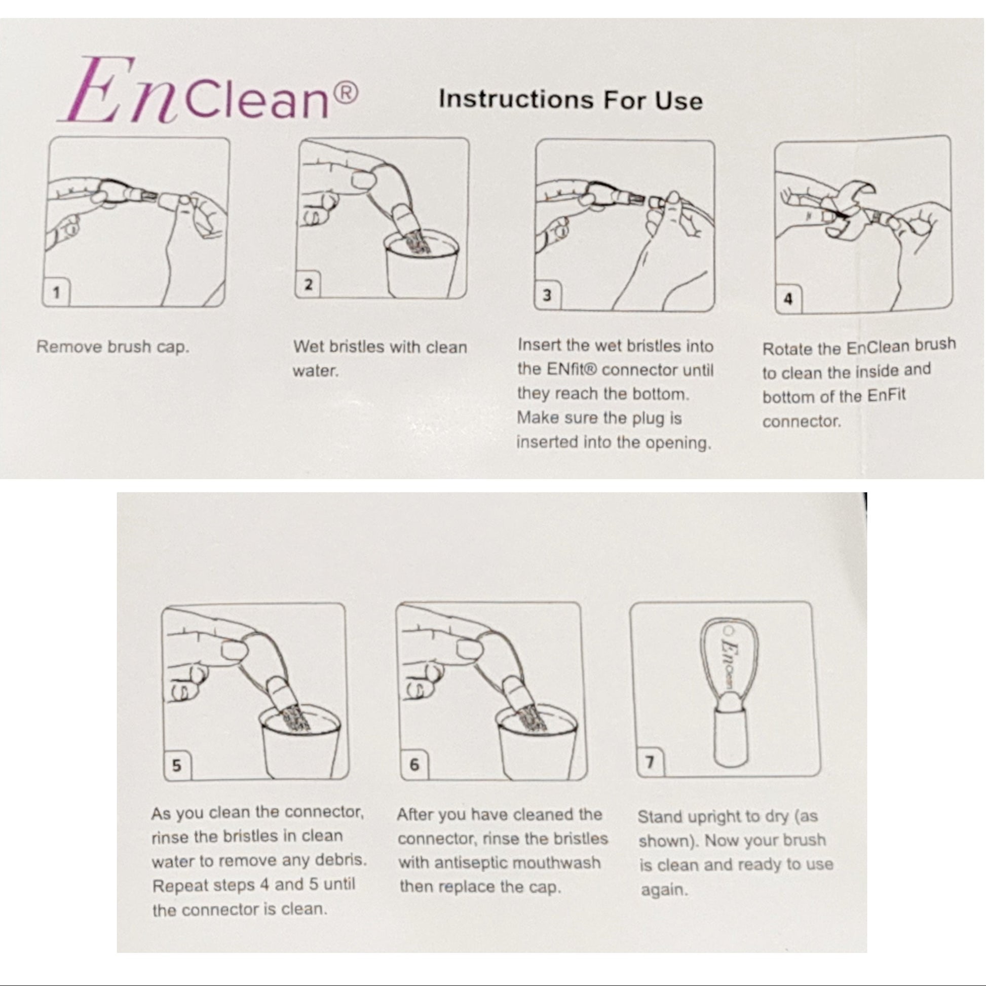 Instructions for using EnClean brush with step-by-step illustrations on a white background.