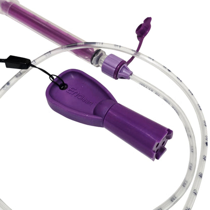 ENfit Enclean Re-usable Cleaning Brush with feeding tube and syringe on a white background