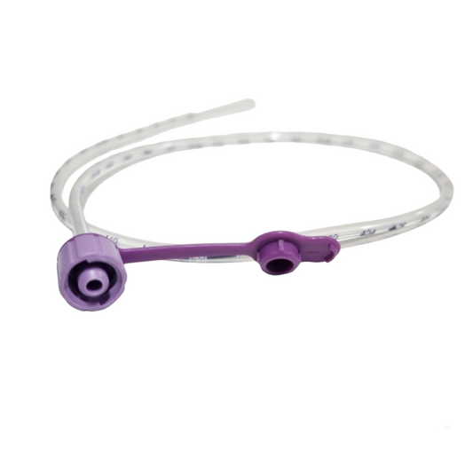 A clear ENFit Feeding Tube with a purple syringe attached, marked with centimetre line markings.