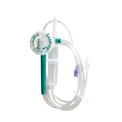 An Exadrop IV administration set with a flow regulator, including a transparent dome, tubing, and a Luer lock connection for patient access.