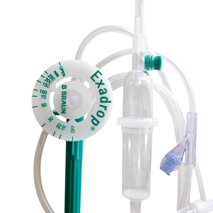 Close Up of an Exadrop IV administration set with a flow regulator on a white background