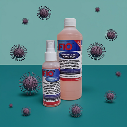F10 disinfectant hand rub bottles with virus models on a teal background