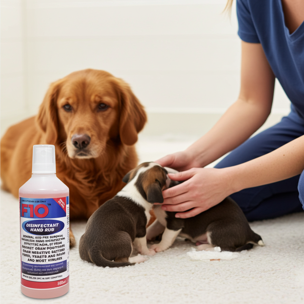 Bottle of F10 disinfectant hand rub with a dog and puppies on a carpeted floor.