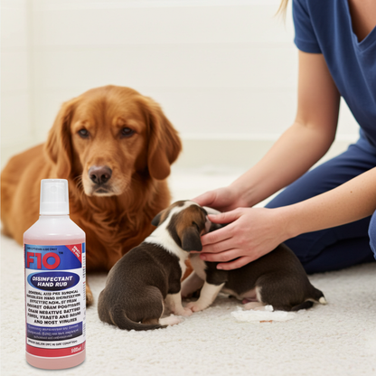 Bottle of F10 disinfectant hand rub with a dog and puppies on a carpeted floor.