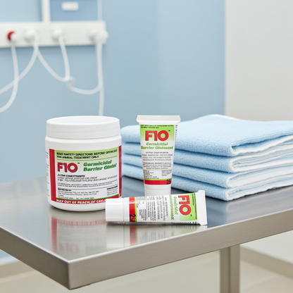 FIO products including a container and tubes on a metal surface with blue towels in the background.