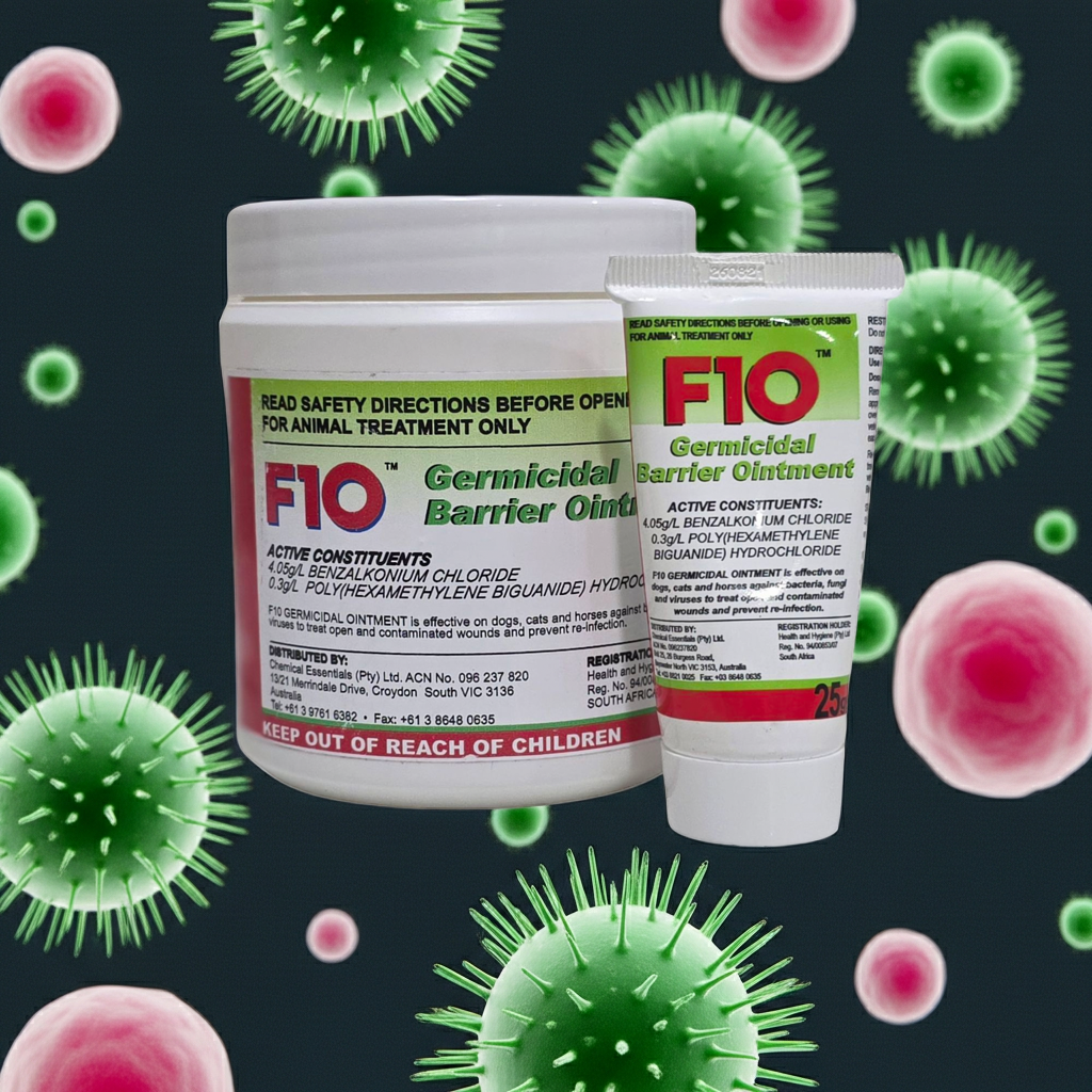 F10 Germicidal Barrier Ointment packaging with virus and bacteria illustrations on a dark background